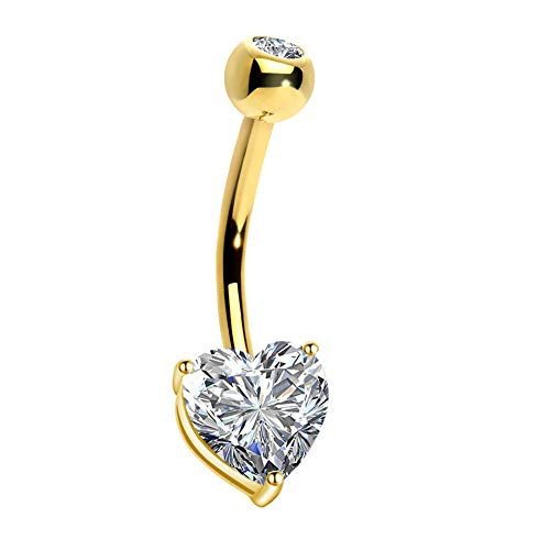 OUFER 14K Gold Heart Solitaire Cubic Zirconia Belly Button Rings Navel Bars Body Piercing Jewellery Valentines Day Gifts in 14Gauge for Women
