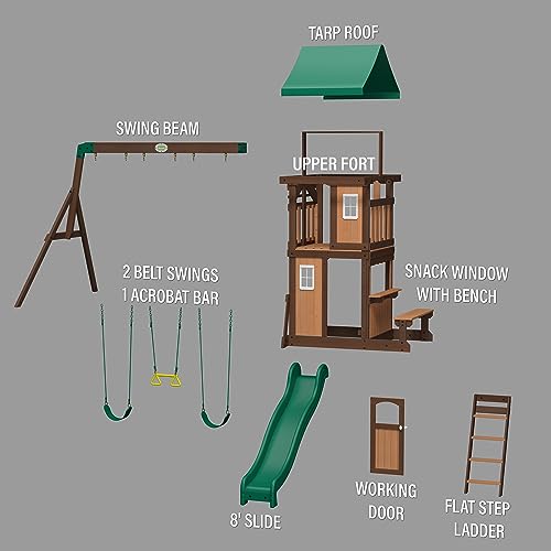 Backyard Discovery Lakewood Cedar Wood Swing Set with Wave Slide, Clubhouse, Playhouse, Snack Bar Window, Picnic Area, Belt Swings, Trapeze, Full Front Door, Windows, Step Ladder, Outdoor Playset - image 7