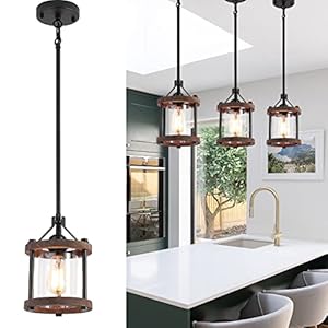 SGLfarmty Farmhouse Pendent Lights in Kitchen Island Rustic Wood Pendant Light with Glass Shade Bronze Entryway Pendant Lighting Adjustable Glass Hanging Light Fixtures for Foyer Sink 1 Pack