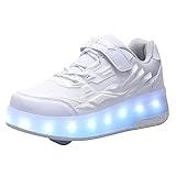 [OSGOO] ローラーシューズ LED 子供 ひかるくつ 光る靴 発光シューズ クリスマス ハロウィーン ギフト 2輪 男の子 女の子 子供靴 ローラースケート USB充電式 360度光るLEDソール 前輪取り外し＆後輪収納で普通の子供用運動靴に ホワイト 24.0 cm