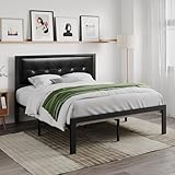 SHA CERLIN Faux Leather Platform Bed Frame with Metal Slats, Button Tufted Square Stitched Headboard, No Box Spring Needed, Easy Assembly, Full