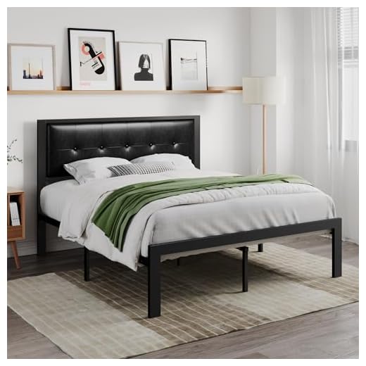 SHA CERLIN Faux Leather Full Platform Bed Frame with Metal Slats, Button Tufted Square Stitched Headboard, No Box Spring Needed, Easy Assembly, Full