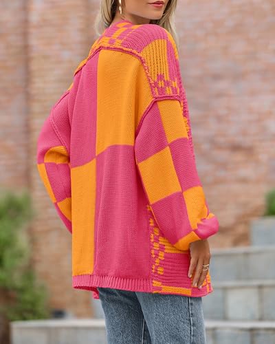 Image of BTFBM Casual Cardigan Sweater for Women Fall 2026 Long Sleeve Open Front Chunky Knit Sweaters Checkered Outwear Coat