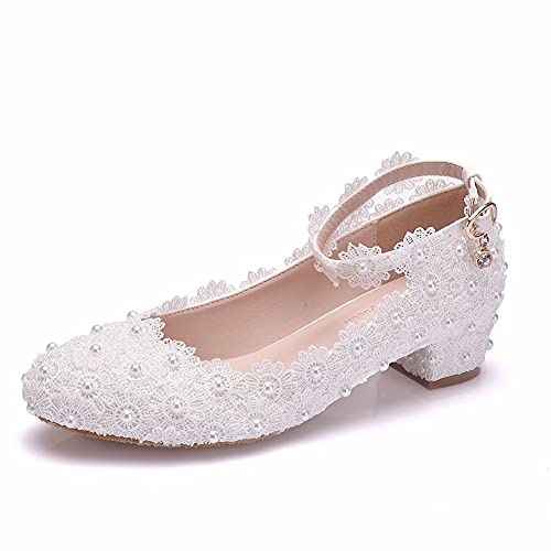 Women Lace Bridal Low Heel Shoes Pearl Floral Lace Ankle Strap Chunky Comfortable Round Closed Toe for Dress Wedding Prom Party2