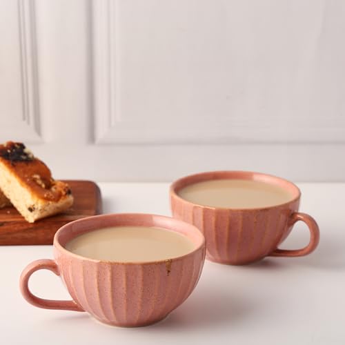 Image of Premium Pink Ceramic Tea Cup Set of 6 | Handmade Stoneware Coffee & Tea Mugs | 220 ml Each | Microwave, Dishwasher Safe | Textured Design | Chai Cups for Home, Office & Gifting