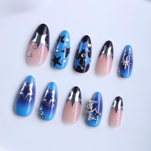 Image of Star Press on Nails Medium Almond Fake Nails Blue Black Ombre French Tip Nail Press ons with Design NBNTGH Stick on Nail for Women Manicure 24Pcs