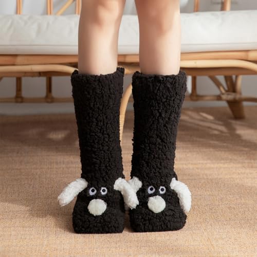 Image of Triplewood Warm Soft Lined Slipper Socks for Women Cartoon Dog Design Non-Slip Winter Socks with Grips Fluffy Women's Slipper Sock