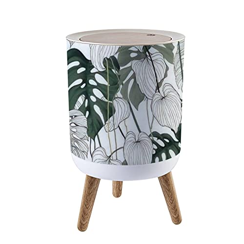 Cubo de basura pequeño con tapa para baño, cocina, oficina, pañales, floral, sin costuras, verde, negro, blanco, hoja dividida, filodendro, plantas, vides, dormitorio, papelera, a prueba de perros,