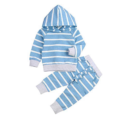 Baby Girls Boys Winter Clothes Set Long Sleeve Striped Hoodie Sweatshirt Pants Outfit Sets for Infant Toddler (Blue Stripes, 6-12 Months)