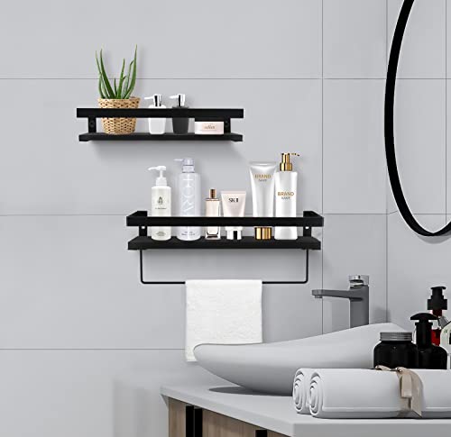 Y&Me Ym Bathroom Storage Shelf Wall Mounted Set Of 2, Bathroom Towel Rack Set Of 2, Rustic Wood Floating Shelves With Removable Towel Bar,Perfect For Kitchen, Bathroom (Black) #TOP5