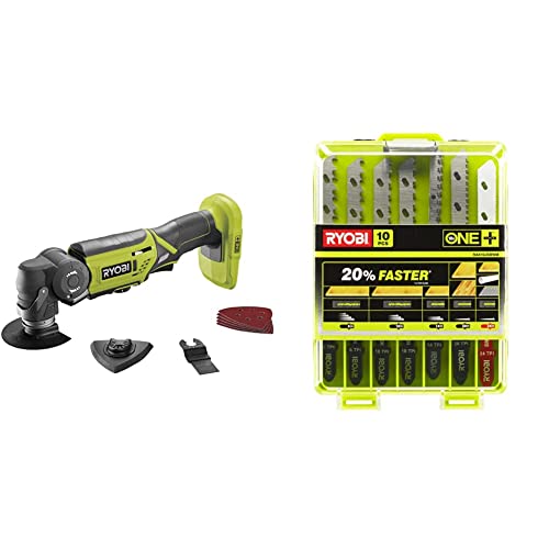 Ryobi - Outil multifonctions 18 V One+ sans batterie ni chargeur 10000-20000 osc/min tête 4 positions & Coffret 10 Lames de Coupe ONE+ pour Scie Sauteuse Sans Fil - Spécial Bois, Métal et Plastique