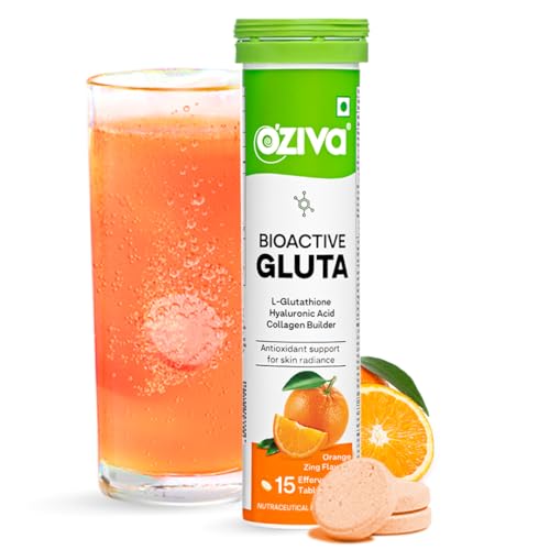 OZiva Bioactive Glutathione Tablets for Radiant Skin - 15 Effervescent Tablets (Pack of 1) | L-Glutathione, Hyaluronic Acid, Lycopene, Vitamin C For Skin Glow & Anti-Pigmentation | Orange