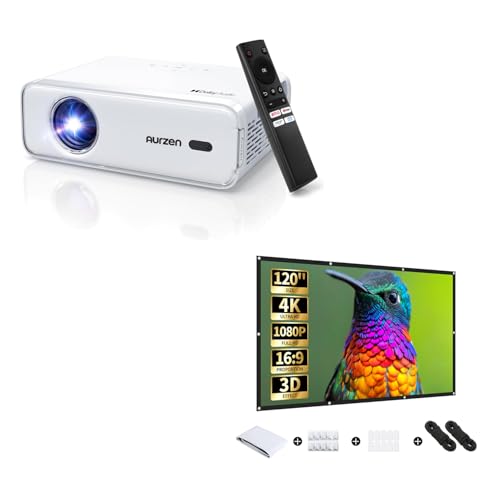 Image of Aurzen EAZZE D1 Projector with 120-Inch Screen Bundle, Netflix-Officially-Licensed, Auto Focus & Keystone, DoIby Audio, Zoom, Native 1080P Movie, Portable Outdoor Mini Projector, White