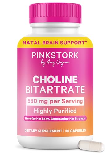 Pink Stork Choline - 550 mg Choline Bitartrate from VitaCholine for Pregnant + Postpartum Moms - Prenatal Vitamin for Fetal Cognitive Health + Breast Milk Quality - 1 Capsule Daily, 30 Count