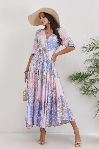 Image of Women Short Sleeve V Neck Floral Print Casual Bohemian Maxi Dresses