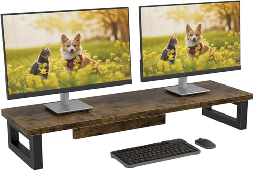OYRREU Rehausseur Ecran, 91x26cm Rehausseur Ecran PC Bureau Support 2 Moniteur RéHausseur éCran Ordinateur, Support Double Ecran PC Laptop Monitor Stand Desk...