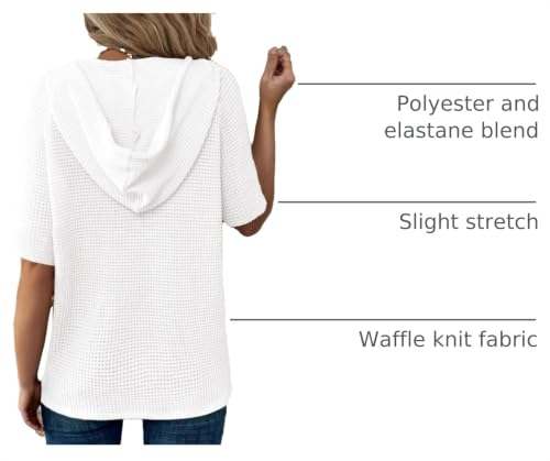 Image of Dokotoo Womens Summer Tops Waffle Knit Short Sleeve Lightweight Drawstring Hoodies Button V Neck Casual Blouses Shirts