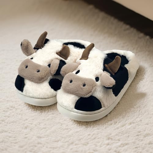 Cow Slippers for Women & Men - Plush Soft Non-Slip House Slipper, Winter Warm Fuzzy Shoes with Comfort Memory Foam