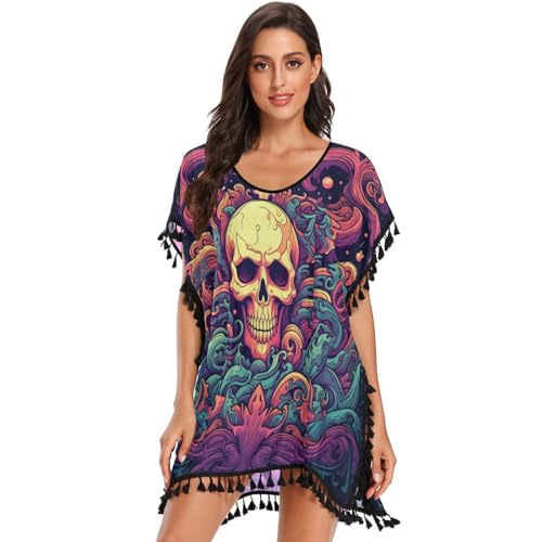 Fire Skull Cool Art Women's Beach Cover Up Chiffon Tassel Swimwear Swimsuit Coverups for Girl