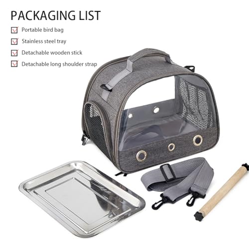 Tragbarer Vogeltransportrucksack Mit Acrylwanne, Atmungsaktivem Papageienkäfig Mit Holzsitzstange, Schultergurt Und Netztasche Für Kleine Vögel Grey 33 * 26 * 24cm-3