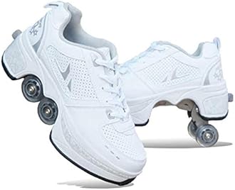 HUOQILIN Deformation Roller Shoes Male And Female Skating Shoes Adult Children's Automatic Walking Shoes Invisible Pulley Shoes Skates With Double-Row Deform Wheel,White-39