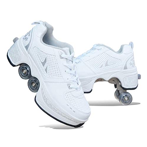 HUOQILIN Deformation Roller Shoes Male And Female Skating Shoes Adult Children's Automatic Walking Shoes Invisible Pulley Shoes Skates With Double-Row Deform Wheel,White-39