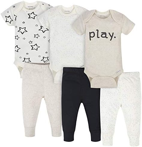 Onesies Brand Unisex Baby 3 Onesies 3 Pants Outfit Bundle Mix n Match Newborn to 12M, Grey White Star, 6-9 Months