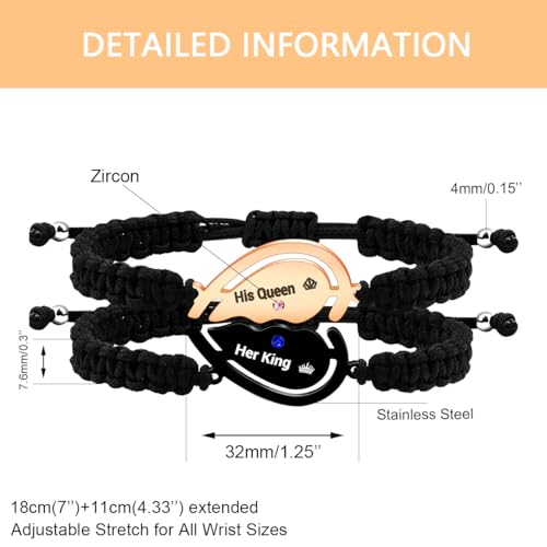 Image of 2pcs Black /Rose Gold Custom Carved Heart-shaped Puzzle Bracelets, Hand Woven Stainless Steel with Zirconia Jewelry for Men and Women, Fashion Couples Promise Bracelets
