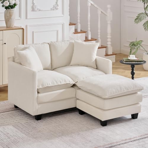 Image of 51'' Cloud Loveseat Couch with Ottoman, Love Seats Cloud Sofa with 2 Throw Pillows, Modern 2 Seater Sectional Couches with Deep Seat, Modular Sofas for Living Room, Bedroom, Small Apartment, Beige