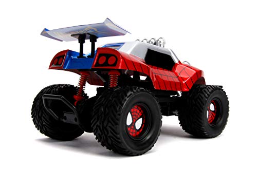 Jada Toys 253228000 Marvel RC Spiderman, Buggy, zdalnie sterowany samochód, funkcja turbo, 2-kanałowy pilot zdalnego sterowania, funkcja ładowania USB, w zestawie baterie, 1:14, czerwony/niebieski