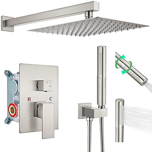 Heyalan Brushed Nickel Shower System 12 Inch Square Rain Shower Head Shower Faucet Fixture 2 in 1 Handheld Shower Sprayer Rough in Valve Wall Mount Bathroom Rainfall Combo Set High Pressure