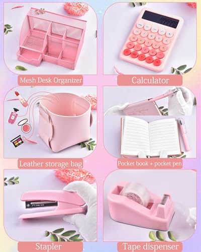 23pc Pink Desk Accessories and Organizers With Mesh Organizer Stapler Tape Dispenser Calculator and a Lot of Office Pink Office Supplies Beautifully Presented in a Gift Box - Image 5