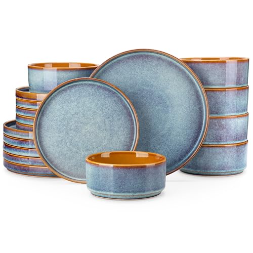 Image of vancasso ONION Ceramic Plates and Bowls Sets, 18 Pieces Blue Dinnerware Sets for Kitchen, Reactive Glaze Dishes Set for 6, Dishwasher and Microwave Safe