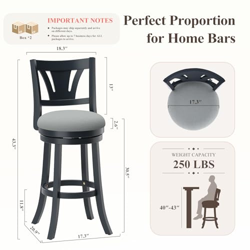 Image of MALOL Swivel Bar Stools Set of 3, 30 Inch Bar Height Barstool with Silent Rotation, High-Density Foam Cushion, Solid Wood Frame, Footrest & Anti-Slip Pads for Kitchen Islands and Home Bars, Grey