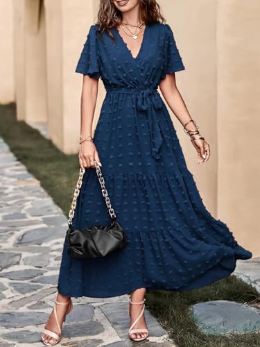 MASCOMODA Womens Summer Swiss Dot Maxi Dressses Wrap V Neck Flutter Short Sleeve Boho Casual Flowy Long Wedding Guest Dress4