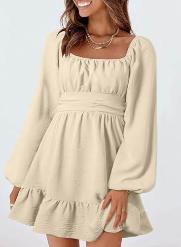 Image of Dokotoo Womens Dress Lantern Sleeve Elastic Waist Tie Backless Mini Dress | Square Neck,Off Shoulder,Flowy,Ruffle A-Line,Casual,Mini Dress,Beach Vacation Clothes,Fall Outifits,Wedding Guest,Boho