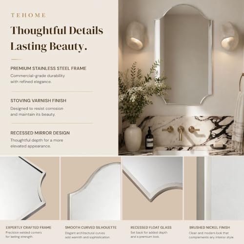 Image of TEHOME Scalloped Brushed Nickel Bathroom Vanity Mirror, Silver Decorative Bathroom Mirror, 24x40''