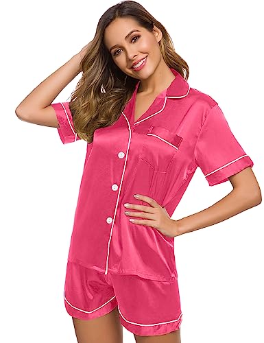 Image of SWOMOG Women Silk Satin Pajamas Set Short Sleeve Button Down Sleepwear Loungewear Pj Sets