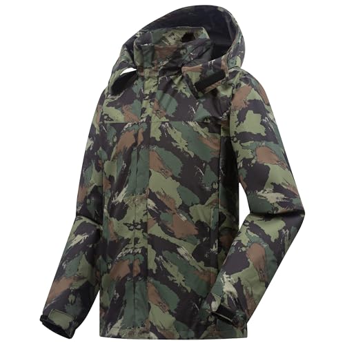 ANAYSN Herren Regen Jacke mit Kapuze wasserdicht leichte Jacke und Reißverschlusstaschen Regenmantel für Outdoor Camping Wandern (Camo, L)