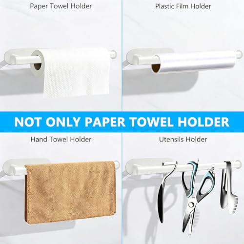 Image of White Paper Towel Holder - Self Adhesive or Drilling, Under Cabinet Paper Towel Holder for Kitchen, Adhesive Paper Towel Roll Rack for Bathroom Towel, SUS304 Stainless Steel