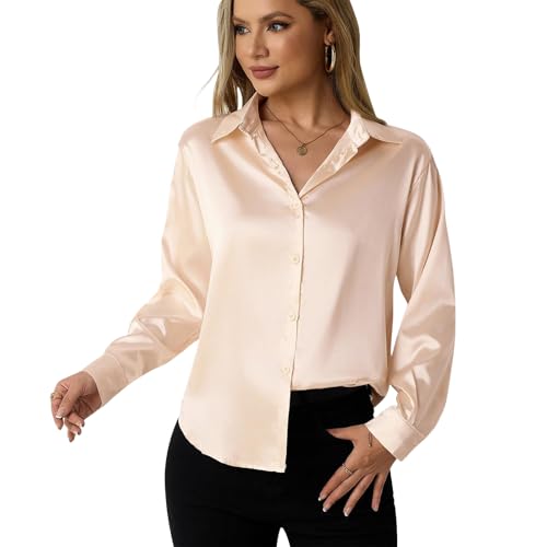 Risipu Satin Blouse for Women UK Long Sleeve Tops Button Down V Neck Silk Shirts for Casual Work (XXL, Off White)