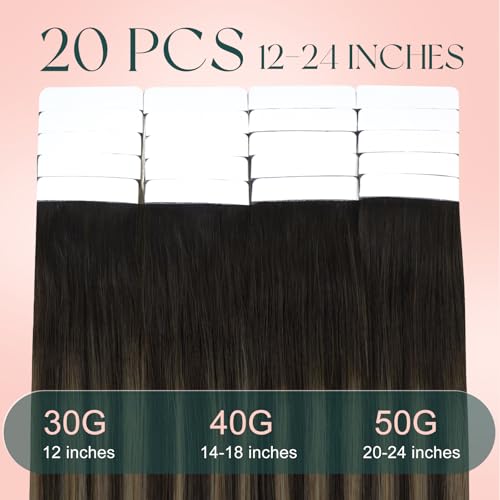 Image of Easyouth 24 Inch Tape in Hair Extensions Human Hair Brown Balayage Real Hair Tape in Extensions Human Hair Dark Brown Ombre Brown Invisible Tape in Extension Adds Length 20pcs 50g Long Straight Hair
