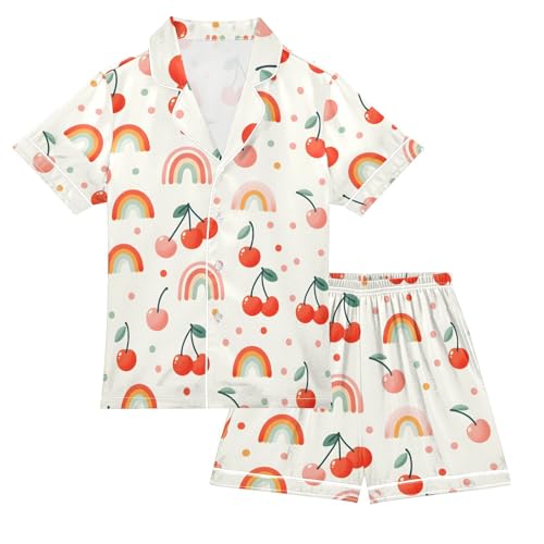 ALAZA Cherry Rainbow Polka Dot Pajamas Satin Pajama Set Short Sleeve Button Down Sleepwear