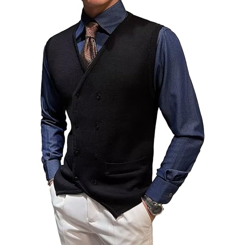 Men's V-Neck Button Waistcoat Slim Fit Casual Sleeveless Sweaters Wool Blended Cable Knit Sweater Vest