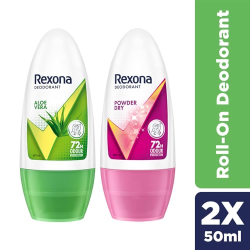 Image of Rexona Aloe Vera Underarm Roll On Deodorant For Women, Antiperspirant, Removes Odour, Keeps Skin Fresh & Clean, Alcohol Free, Skin Friendly, 50 ml pack of 2