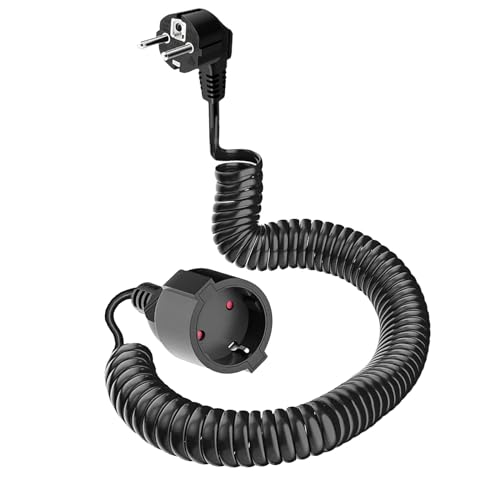 Rallonge spirale noire extensible de 0,8m à 2m avec prise de terre 16A en PVC