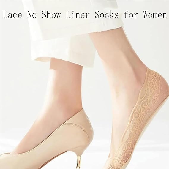 Lace No Show Liner Socks for Women, 5 Pairs Women's Lace No Show Socks Low Cut Non Slip Invisible Boat2
