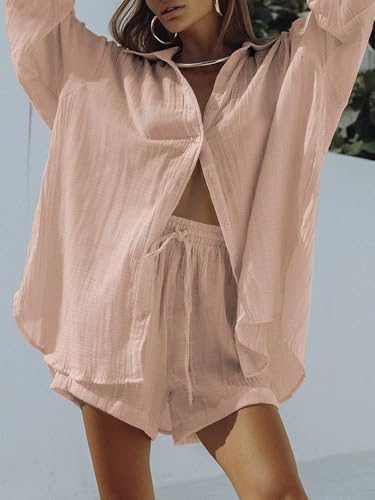 Image of Fixmatti Women 2 Piece Outfits Long Sleeve Button Down Blouse and Shorts Sweatsuit Sets