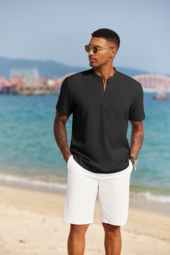 COOFANDY Men's Short Sleeve Henley Shirts Casual Collarless Shirt Band Collar Henley Summer Beach Henley T-Shirt3