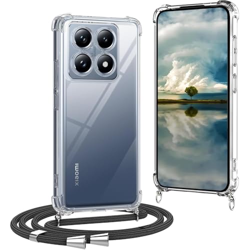 CaseLover Handyband kompatibel mit Xiaomi 14 5G Hülle mit Band, Transparente Silikon Necklace Handyhülle mit Abnehmbar Kordel Stossfest Bumper Schutzhülle zum Umhängen Kameraschutz Case, Schwarz